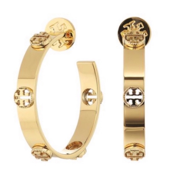 Tory Burch Jewelry - TORY BURCH • Gold Milgrain Logo Hoop Earrings